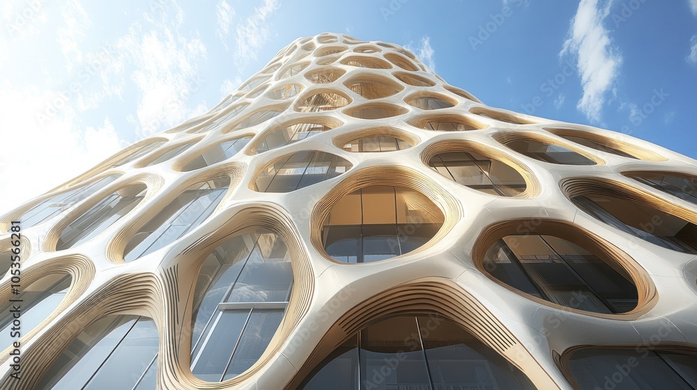 Poster a modern, futuristic skyscraper with a unique honeycomb design. the building has a white exterior wi