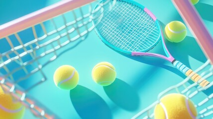 Tennis balls and tennis rackets lying on purple tennis court,paddle tennis balls and the net sport,healthy lifestyle,sport and hobbies,activity,selective focus,copy space.