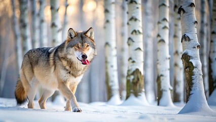 Obraz premium Winter scene of a grey wolf trotting left past birches, licking nose with reflection