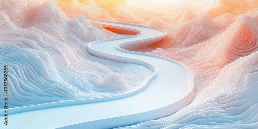 Poster abstract map with a winding road, simple lines guiding through diverse areas, clear pathways invitin