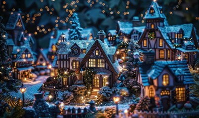 Fototapeta premium Whimsical village adorned with holiday lights, 4K hyperrealistic photo