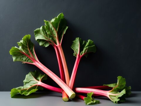 Fresh stalks of rhubarb on a dark background.