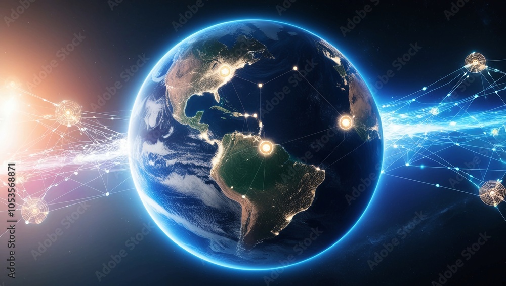 Poster earth viewed from space with glowing data points and network connections, symbolizing global connect