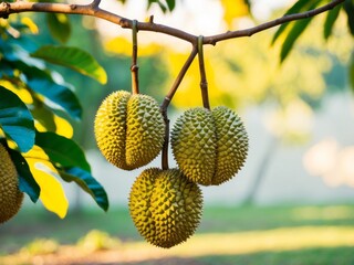 CloseUp of Durian Fruits Hanging from a Branch in a Sunny Orchard.