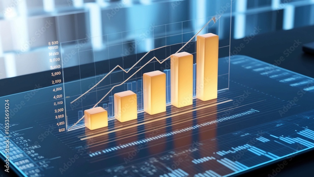 Poster a highly detailed 3d rendering of a digital graph with glowing bars, representing financial growth a