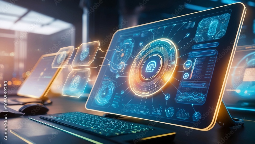 Poster close-up of a glowing digital dashboard with intricate data and holographic displays, representing c
