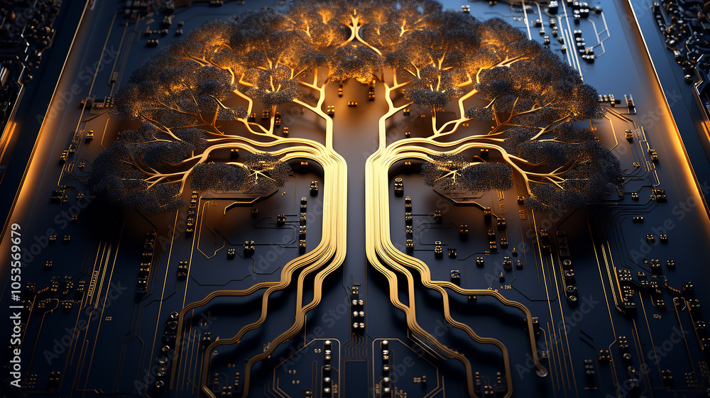 Poster background concept is artificial intelligence, a symbol of nature and growth, a tree of life and a b