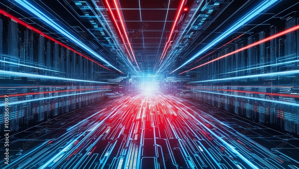 Poster deep futuristic digital matrix of glowing blue and red lines, symbolizing a complex data center or h