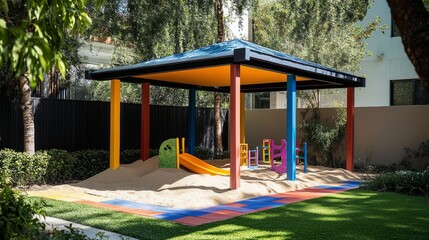 A brightly colored sandbox with a roof overhead keeps kids cool and shaded while they play outside on sunny days.