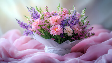 The tabletop was covered with a white paper bouquet of flowers, lighting was soft, and a sense of atmosphere was present.