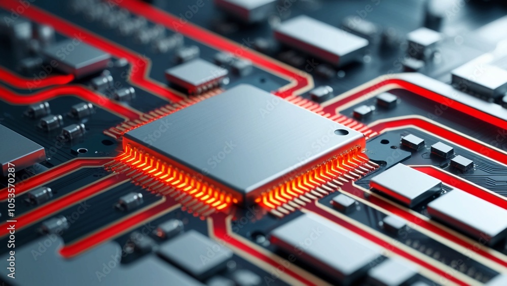 Poster abstract close-up of metallic microchip circuitry with glowing red pathways, representing high-perfo