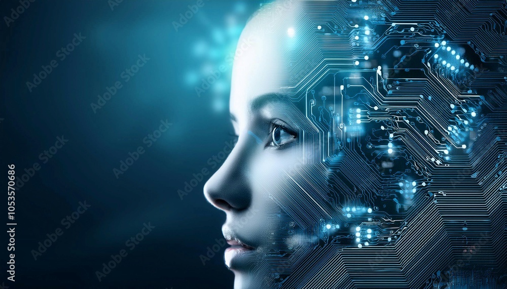 Poster artificial intelligence robot with circuitry, symbolizing technology, innovation, and future.
