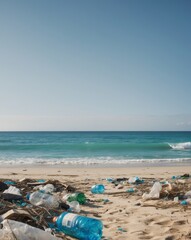 Beach and Ocean with Scenic View Highlighting Debris and Litter on the Shoreline.