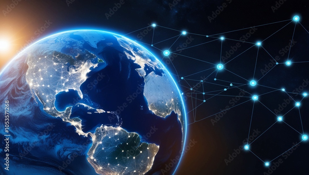 Poster earth viewed from space with glowing data points and network connections, symbolizing global connect