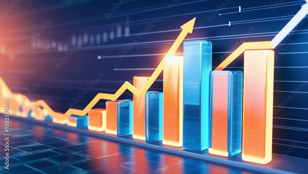 Poster  A highly detailed 3D rendering of a digital graph with glowing bars, representing financial growth and market analytics, rendered in a sharp and unpixellated format