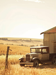 Classic 1930s Truck by Farmhouse with Scenic Fields and Warm Rural Vibes