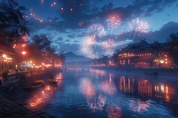 Fototapeta premium A spectacular Fireworks festival with rides and attractions glowing below during a nighttime