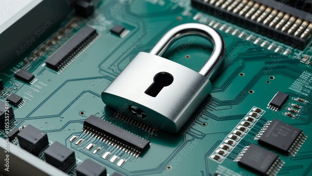 Poster macro image of a secure locked circuit board, showing a metallic lock symbolizing data security and 