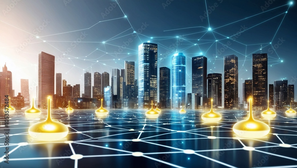 Poster digital representation of a glowing cityscape with connected networks, symbolizing smart cities and 