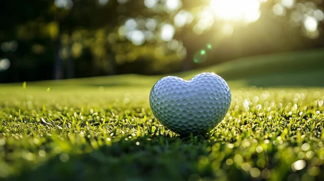 A heart-shaped golf ball sits on a green golf course in the sunlight