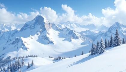 Stunning winter mountain landscape with snow-covered peaks and evergreen trees under bright blue sky