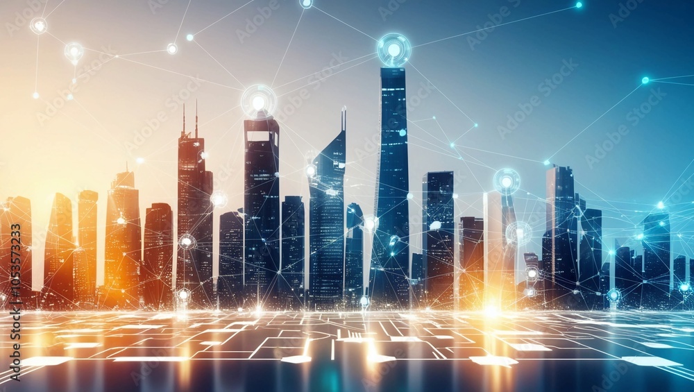 Poster digital representation of a glowing cityscape with connected networks, symbolizing smart cities and 