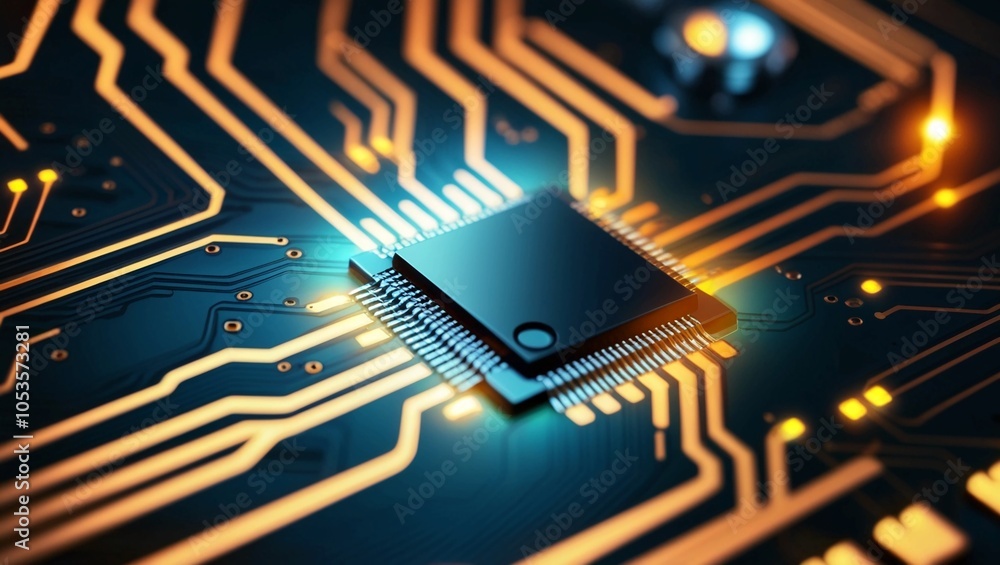 Poster close-up of a glowing circuit board with prominent microchips and orange lines, representing advance