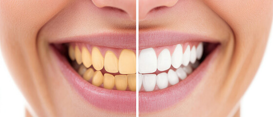 Fototapeta premium woman teeth close-up Before and after yellow teeth become white teeth isolated on white background