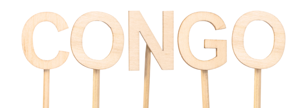 Wooden letters held by sticks forming the name of the country Congo, ideal for creative projects.