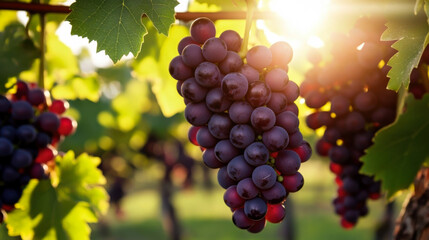 Naklejka premium Vineyard in the golden hour with ripe purple grapes hanging from lush green leaves under a warm sun