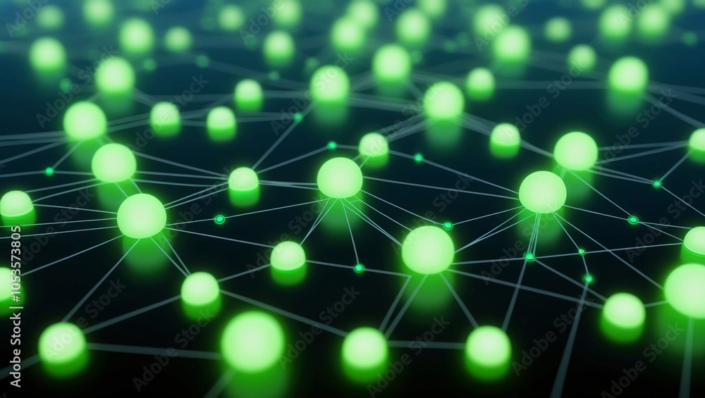 Poster abstract network of glowing green dots and lines, representing data connectivity and machine learnin