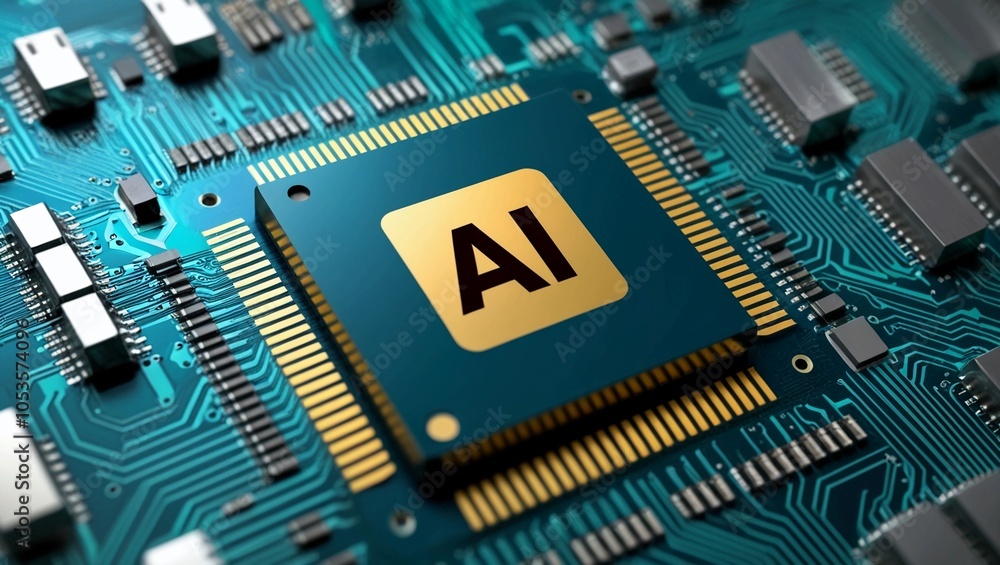 Poster futuristic ai circuit chip glowing in blue with a background of digital networks and data streams
