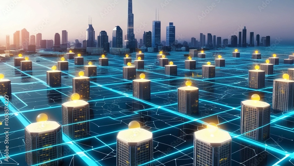 Aufkleber digital city grid with glowing nodes and connected buildings, representing a futuristic smart city a