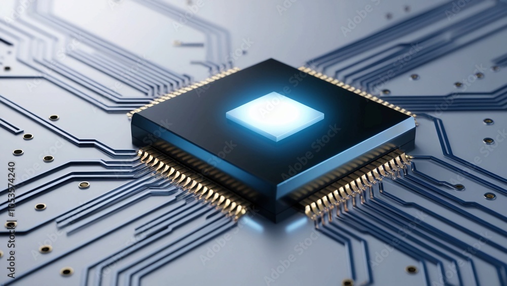 Poster a detailed 3d rendering of a microchip on a dark surface, with glowing orange circuitry, illustratin
