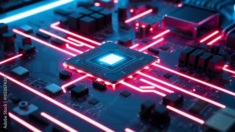 Poster futuristic ai circuit chip glowing in blue with a background of digital networks and data streams