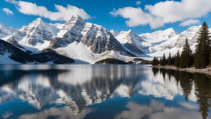 Majestic Snow Capped Peaks Reflected in Serene Alpine Lake Panorama.