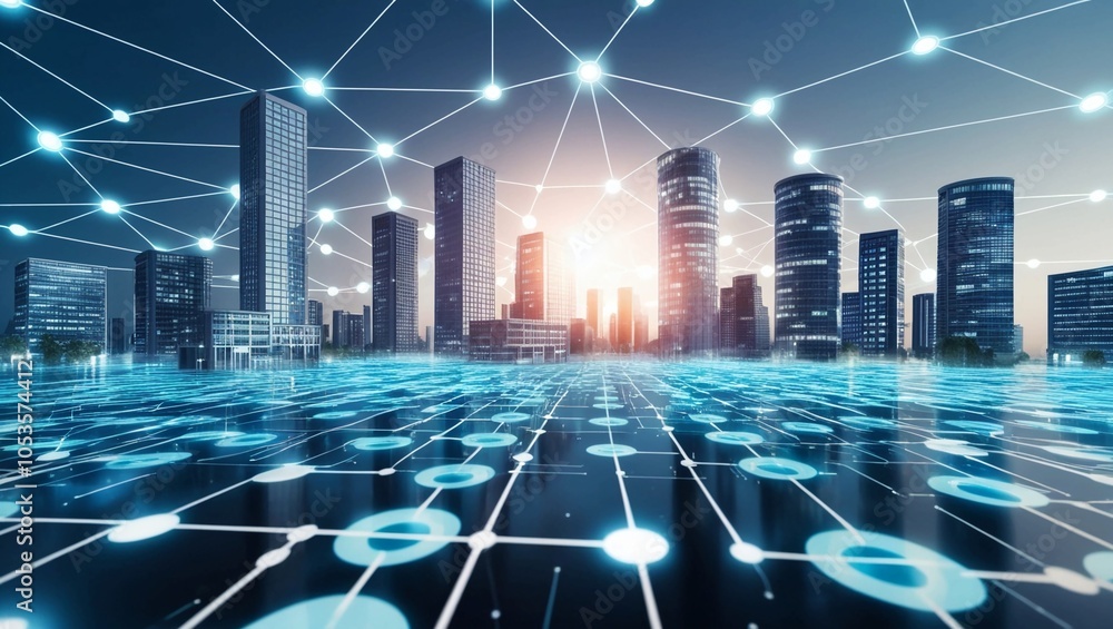 Poster digital city grid with glowing nodes and connected buildings, representing a futuristic smart city a