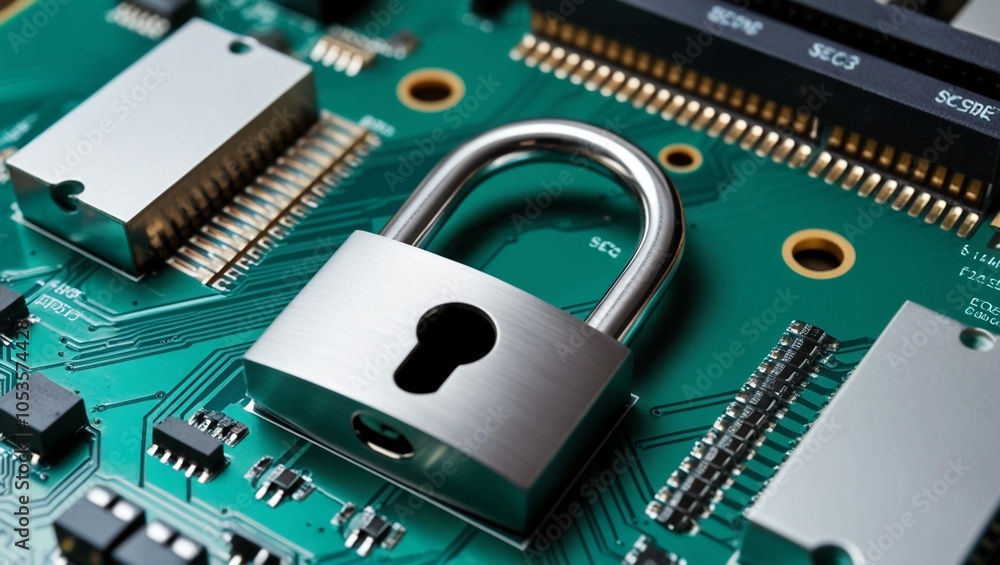 Poster macro image of a secure locked circuit board, showing a metallic lock symbolizing data security and 