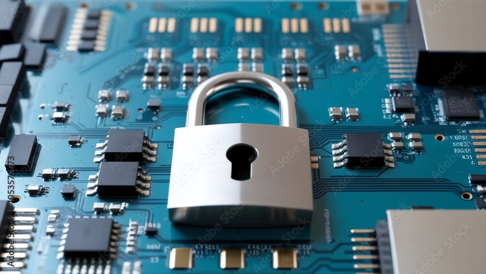 Poster macro image of a secure locked circuit board, showing a metallic lock symbolizing data security and 