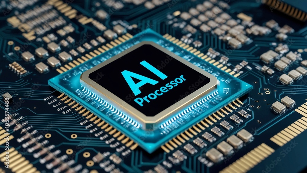 Poster futuristic ai circuit chip glowing in blue with a background of digital networks and data streams