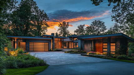 Modern luxury home exterior at dusk with enchanting lighting and lush surroundings in a tranquil forest setting