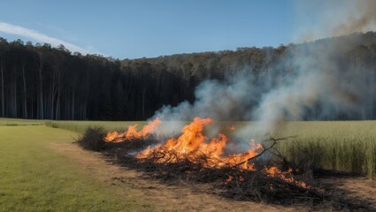 Intense Fire Eruption in Meadow Next to Forested Region.