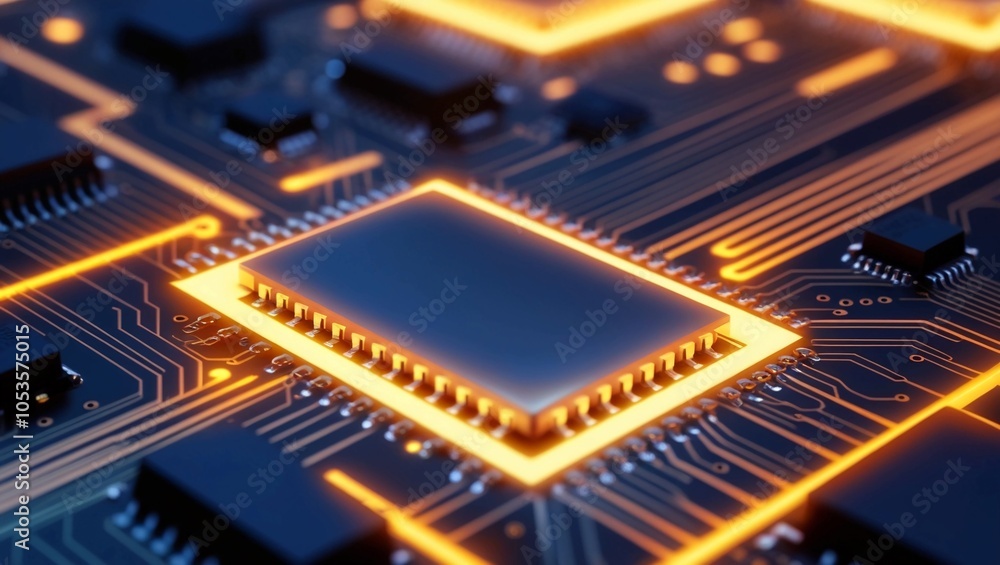 Poster close-up of a glowing circuit board with prominent microchips and orange lines, representing advance