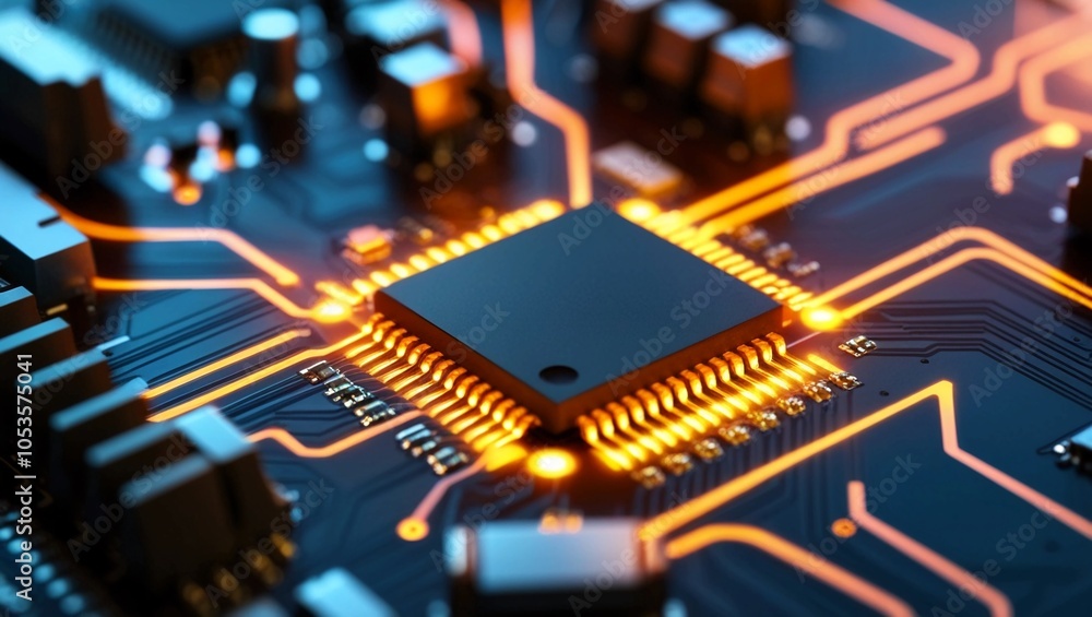 Poster close-up of a glowing circuit board with prominent microchips and orange lines, representing advance