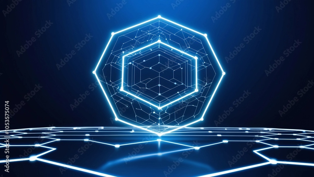 Poster abstract glowing hexagonal grid on a deep blue background, representing blockchain technology, futur