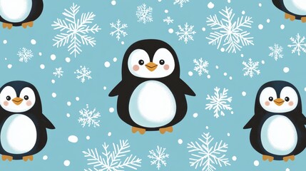 Fototapeta premium This adorable pattern features penguins and snowflakes, perfect for holiday crafts! Use it on fabric, wrapping paper, or even posters.