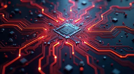 Fototapeta premium Futuristic circuit board design with glowing red patterns and technology theme