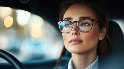 Fototapeta premium Young woman wearing glasses sits confidently in a modern car on a sunny day, showcasing a stylish look and serene expression
