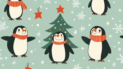 Fototapeta premium This design features adorable penguins and a Christmas tree, perfect for creating festive patterns on fabric, wrapping paper, or other projects. It's a simple, flat style that's easy to use.