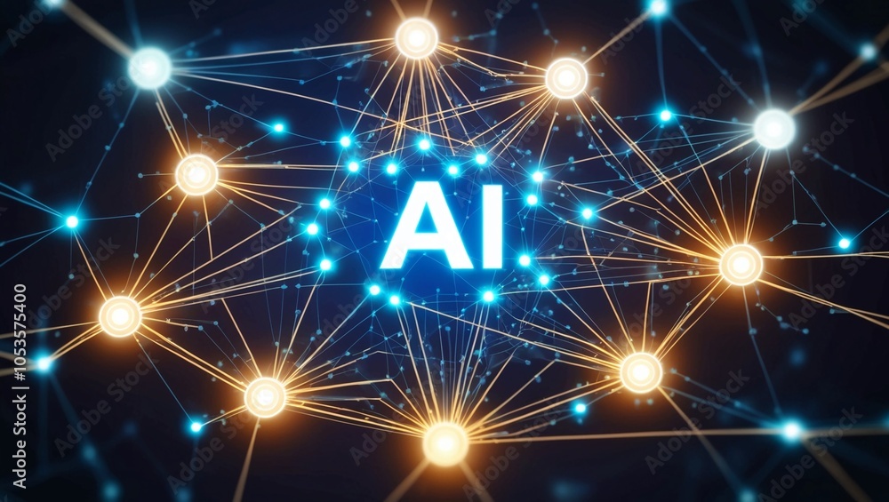 Poster a futuristic ai circuit chip glowing in blue with a background of digital networks and data streams